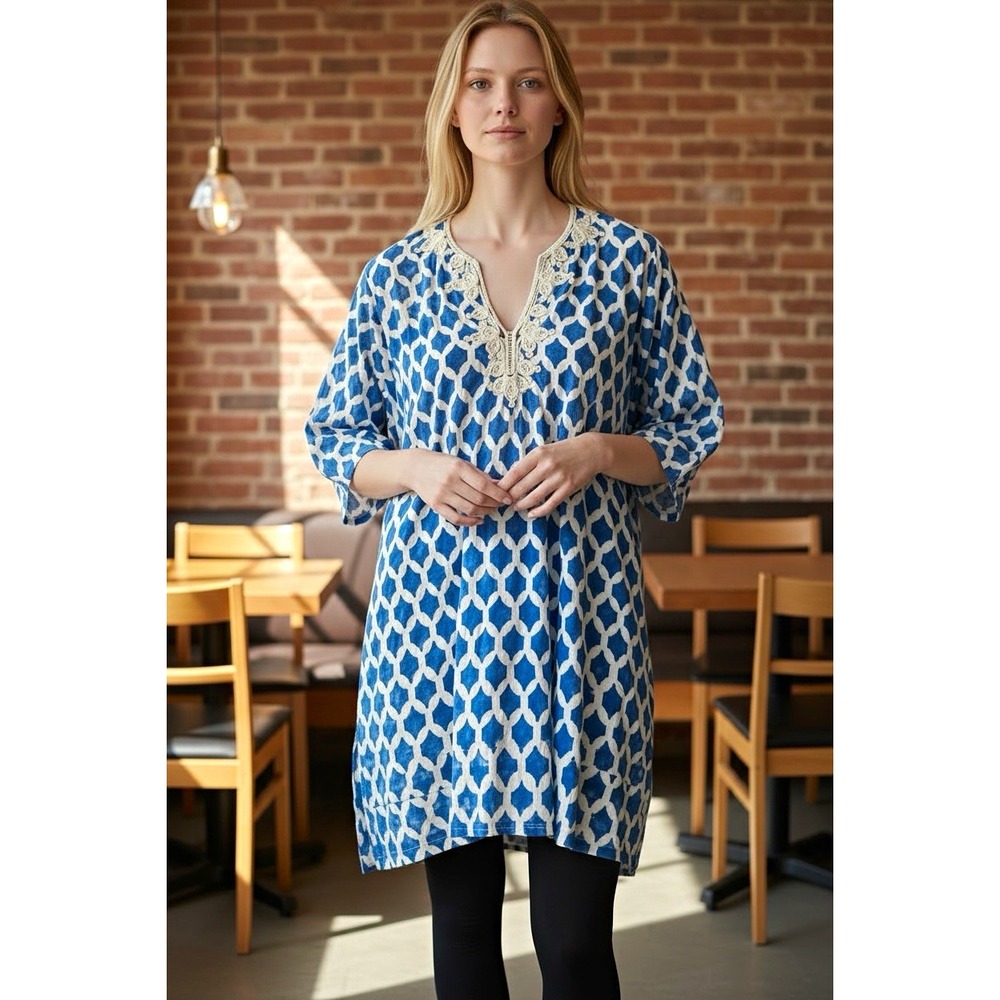 Roberta Roller Rabbit Women’s M Blue Cotton Woven Geometric Kurta Tunic